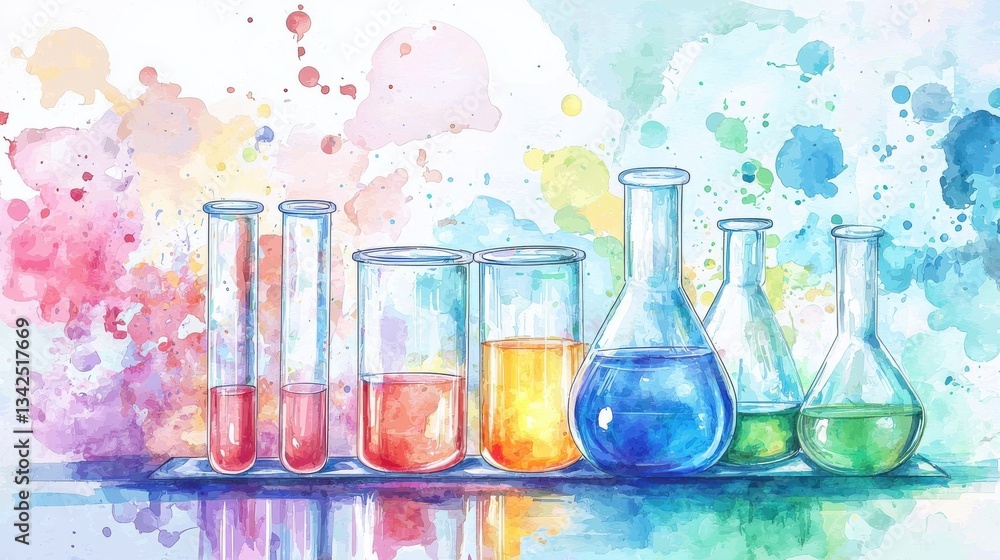 Poster watercolor background with copy space. backdrop with test tubes and flasks with colorful liquids. ba