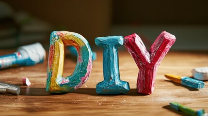 Colorful DIY Craft Display on Wooden Table with Art Supplies