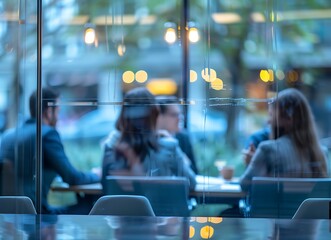 Blurred, busy office team working at white desks in an open space, panoramic view of people using computers and tablets on tables in a modern, spacious interior with brick walls, , wide-angle lens.