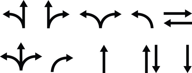 Road navigation arrows. Driving direction mark, location point crossroad circle turning route black pictograms set of arrow icons