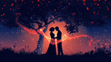 Silhouetted Husband and Wife Under a Banyan Tree With Glowing Red Threads on Their Wrists
