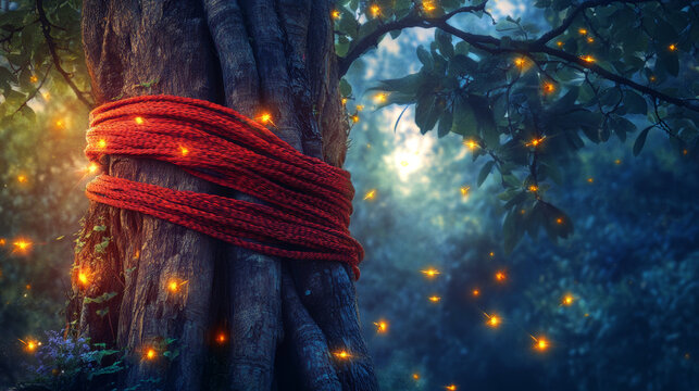 Sacred Red Thread Wrapped Around a Banyan Tree Trunk With Fireflies at Twilight