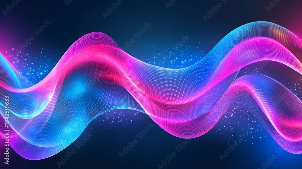 Poster abstract background with pink blue glowing neon lines and bokeh lights. data transfer concept - ai