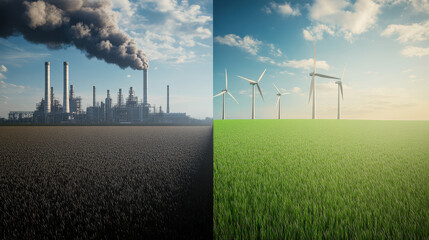 A split screen showing an industrial plant emitting smoke on the left side, and green grassy fields with wind turbines in the background on the right side