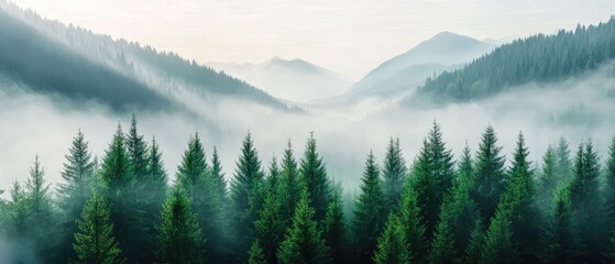 Obraz premium Misty Forest Landscape with Green Mountains at Sunrise