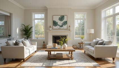 A sun-drenched living room, serene and inviting, showcasing elegant cream sofas and a warm fireplace, bathed in soft natural light streaming through large windows.