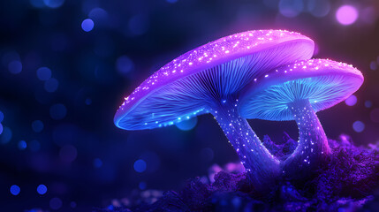 Glowing purple mushroom on a dark background. Dreamlike Hyphae. Illustration