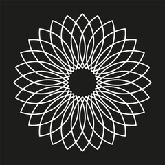 Floral mandala icon. Black background vector. Geometric abstract art. White outline design.