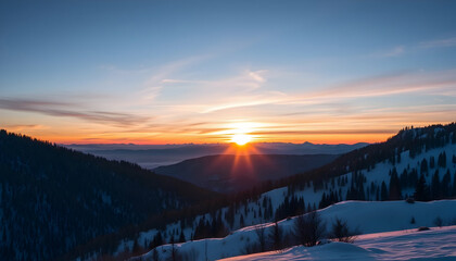 Majestic Sunrise Over Snowy Mountain Peaks Winter Wonderland Landscape