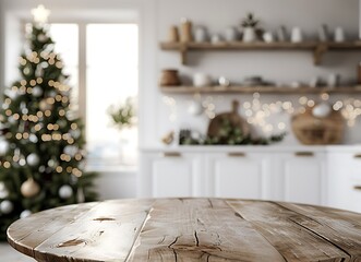 Blurred white kitchen interior with a round wooden table and a Christmas tree in the background, closeup. Modern Scandinavian home decor for product display montage, . 2/3 space to place text in 