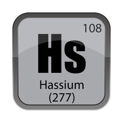Element hassium icon. Number 108 symbol. Hassium atomic text. Hs element code. Vector science illustration.