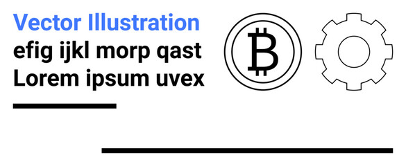Bitcoin icon next to a gear symbol, with placeholder text, lines. Ideal for finance, blockchain, cryptocurrency, fintech, technology, digital economy simple landing page