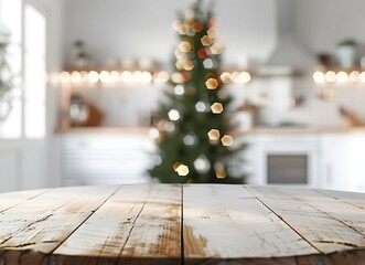 Blurred white kitchen interior with a round wooden table and a Christmas tree in the background, closeup. Modern Scandinavian home decor for product display montage, . 2/3 space to place text in 