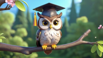 A cartoon owl wearing a graduation cap is perched on a tree branch. The owl is wearing a tassel on its cap, which adds a touch of elegance to the scene. Concept of accomplishment and achievement