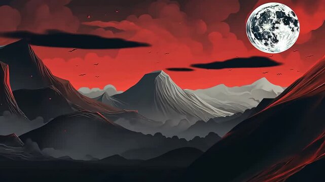 Crimson Mountainscape Under a Full Moon