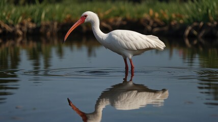 Obraz premium White bird wading in water, reflection