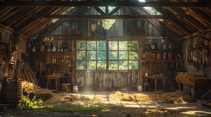 Naklejka premium Wooden barn, vintage style: old beam, rustic interior, farm atmosphere, straw bale, antique tool, countryside setting, historic structure, traditional decor, retro detail, aged wood
