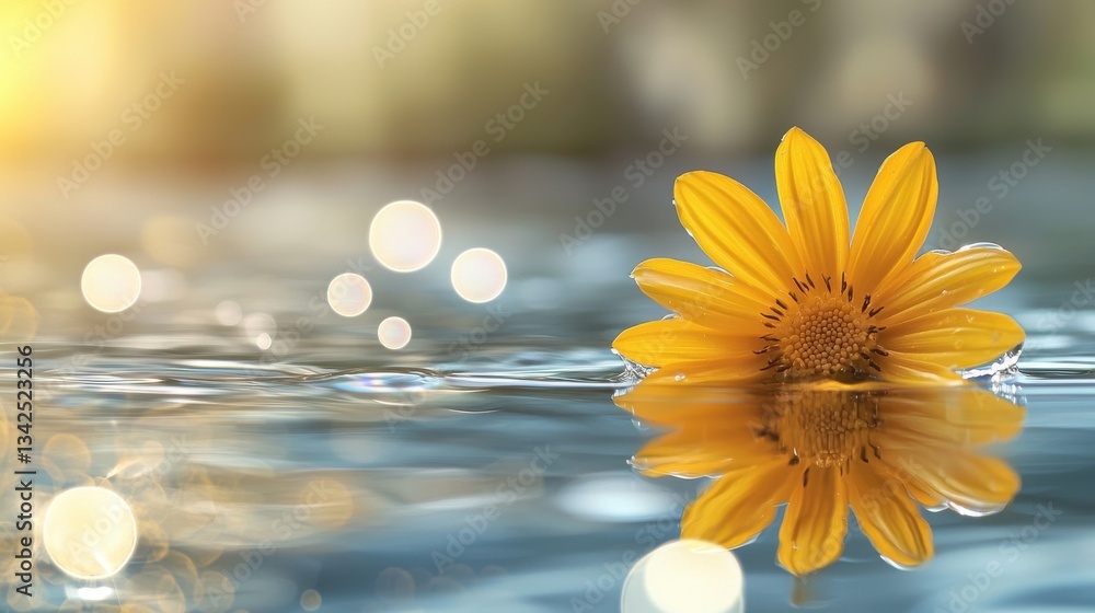 Poster yellow flower floating on water surface with bright reflections and bubbles creating a tranquil atmo