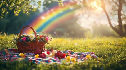 A basket of fruit is on a blanket in a grassy field. The basket is full of apples and oranges. The scene is bright and cheerful, with a rainbow in the sky