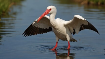 White bird with outstretched wings by water