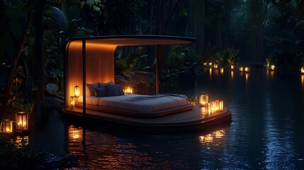 Tranquil Floating Bed Platform at Night