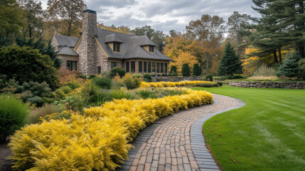 Obraz premium Beautiful Lawn with Yellow and Green Plants, Brick Path Leading to the House, Stone Fence in the Background, and Garden Lighting Enhancing the Outdoor Aesthetic