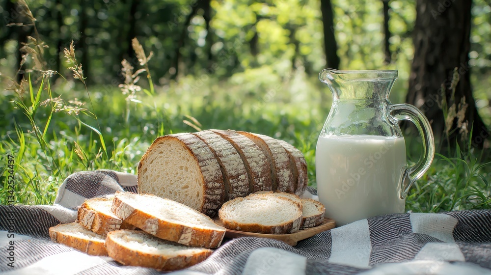 Poster rustic picnic setup with fresh bread, sliced bread, and milk in a glass jug on checkered blanket in 