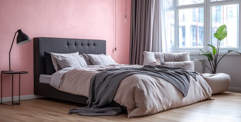 A bedroom decorated with a modern design and cozy elements