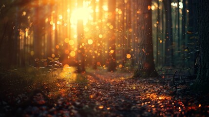 A forest bathed in golden sunlight, with soft bokeh effects illuminating the path and scattered leaves in the air..