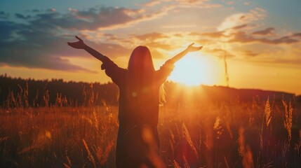 A woman stands in a field at sunset, arms raised in joy, enjoying the warmth of the golden hour and the beauty of nature..