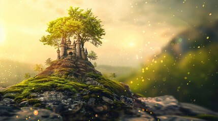 A magical castle sits atop a rocky hill, surrounded by lush trees, with a warm, glowing atmosphere and fantasy-like appeal..