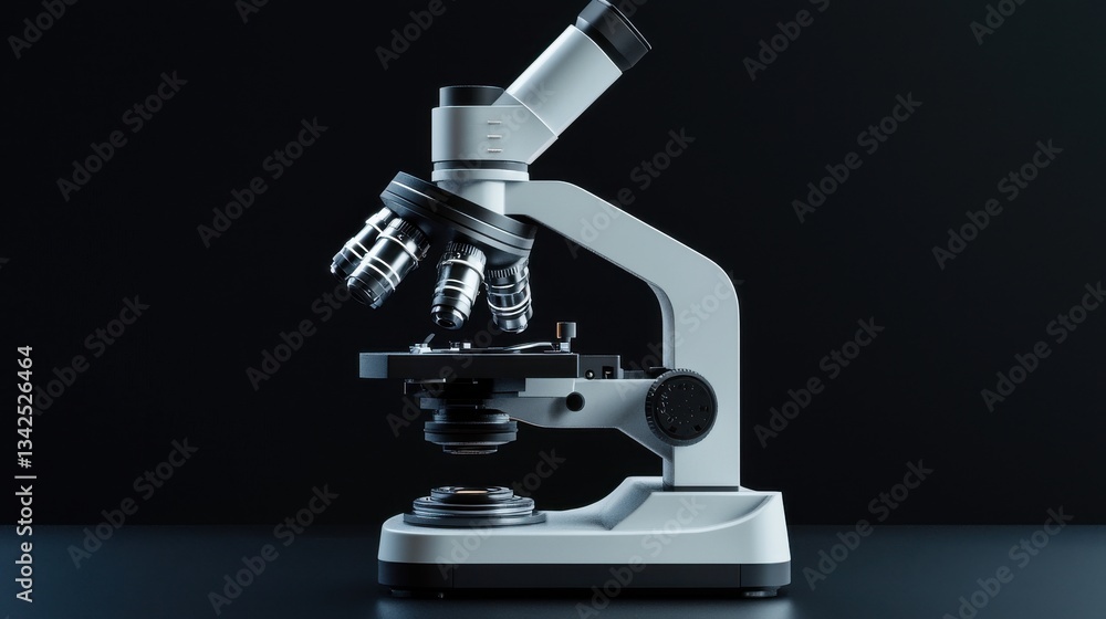 Poster scientific optical microscope with metal lens at laboratory. laboratory instrument - optical electro