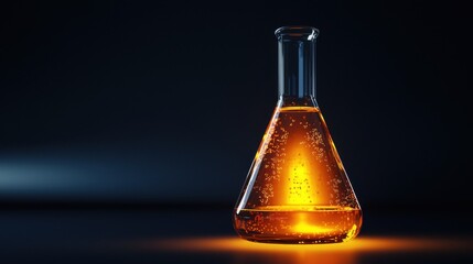 Scientific beaker with glowing amber liquid, standing against a dark background, reflecting light in a visually striking manner, ideal for chemistry, laboratory, or alchemical themes