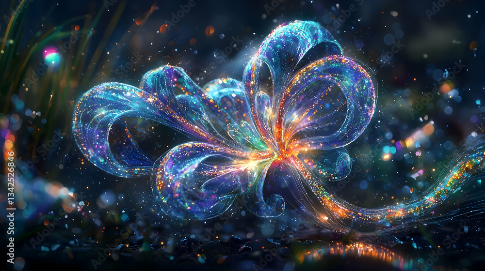 Poster colorful glowing abstract swirl with sparkling light and ethereal bokeh in a dreamy setting
