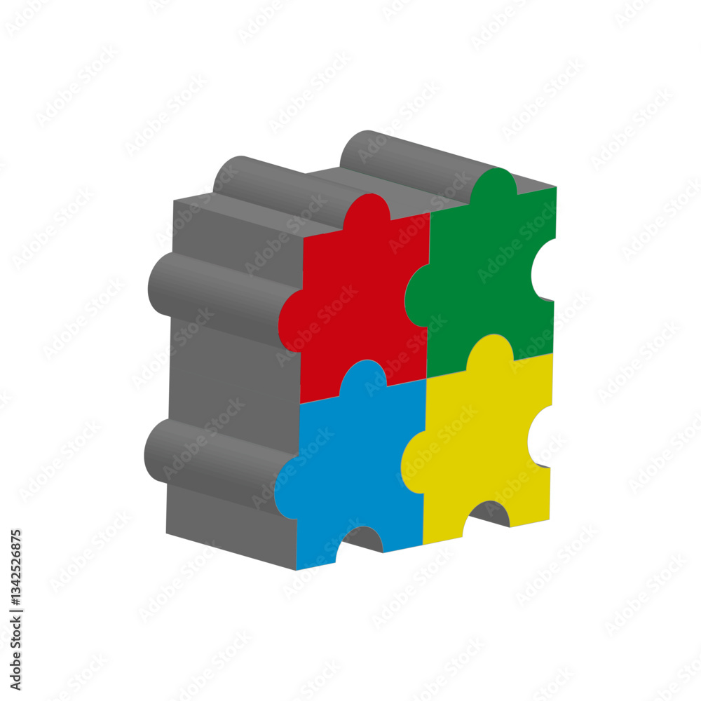 Poster 3d puzzle block. colorful interlocking pieces. abstract geometric shape. isometric vector design.