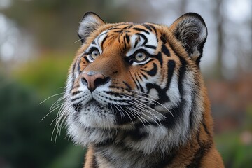 Fototapeta premium Stunning Profile Portrait of a Tiger Showcasing Its Striking Features and Majestic Presence in Nature's Vibrant Backdrop