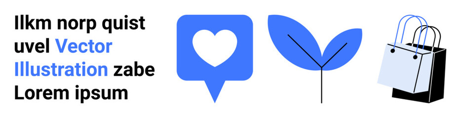 Heart in speech bubble, leaf sprout, shopping bags in minimalist style. Ideal for love, sustainability, nature, e-commerce, communication shopping marketing. Perfect flat landing page banner