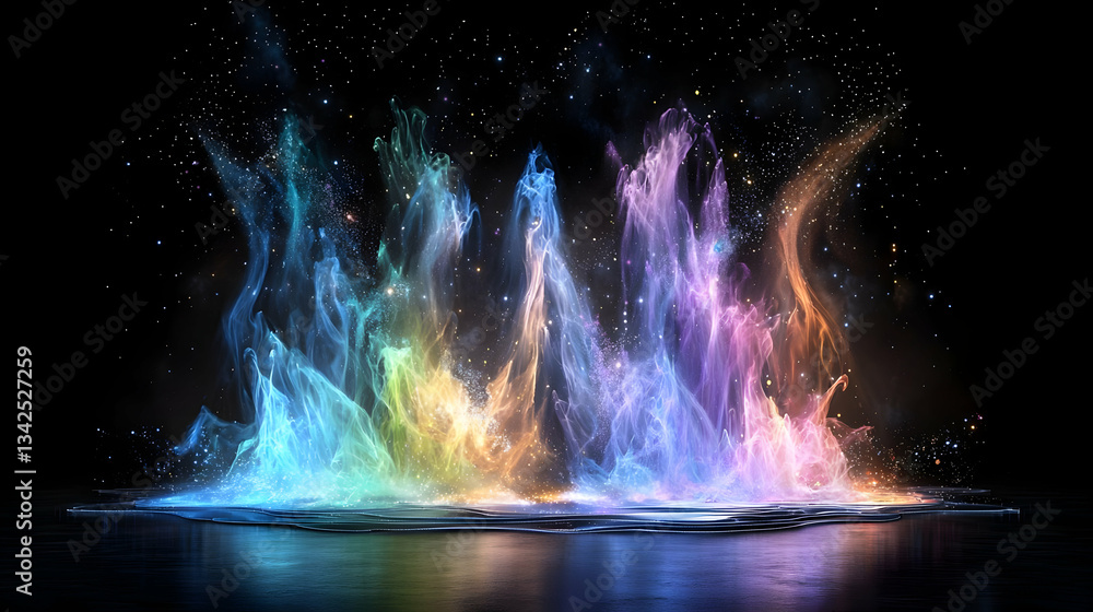 Poster colorful splashes of light and water creating a spectacular abstract display against a dark backgrou
