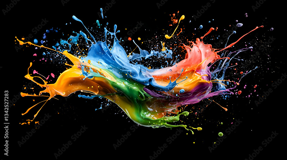 Poster colorful splash of paint in dynamic abstract composition on black background