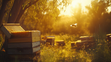 Beekeeping or Apiculture in the Australian Outback, Beekeepers Caring for Bees in a Bee Yard with Beehives, Honeycombs, and Bees Flying Home