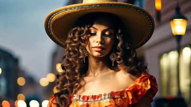 Latin woman dancer wearing traditional Mexican dress traditional from Guadalajara Jalisco Mexico Latin America, young hispanic female in independence day or cinco de mayo parade or cultural Festival.