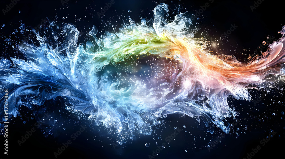 Poster colorful water splash creating dynamic abstract patterns with vibrant energy on dark background