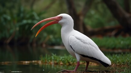 Obraz premium White bird with orange beak by water