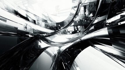 Obraz premium Abstract Black And White 3D Render Of Intertwined Geometric Shapes And LinesFor a Design Project or Digital Art Portfolio. The image represents complex patterns, and intricate dynamic designs. This