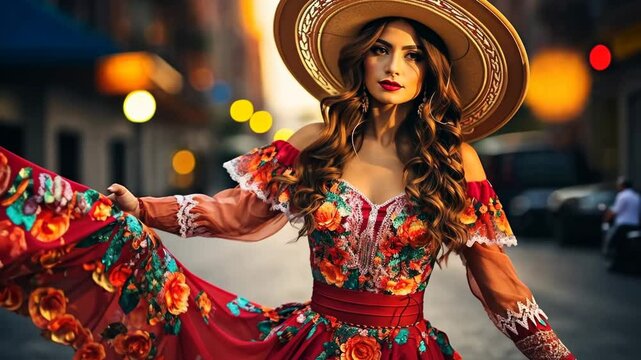 Latin woman dancer wearing traditional Mexican dress traditional from Guadalajara Jalisco Mexico Latin America, young hispanic female in independence day or cinco de mayo parade or cultural Festival.