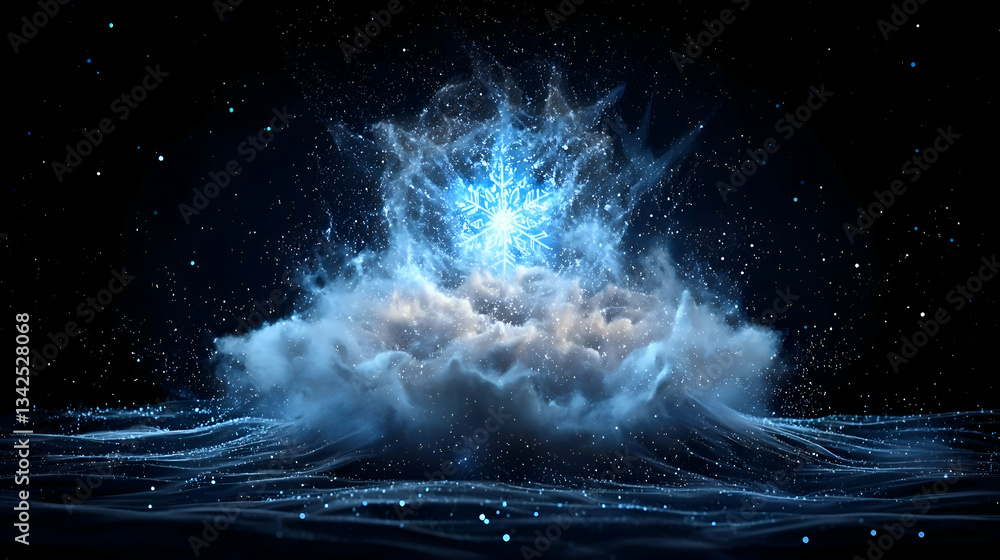 Poster cosmic explosion of light and particles emerging from clouds against a dark background