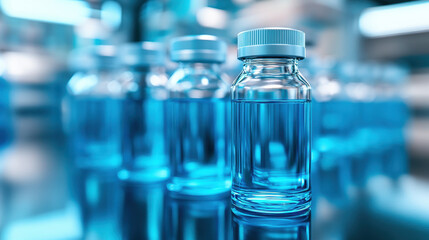 A row of vials filled with blue liquid on the production line in a medical innovation factory