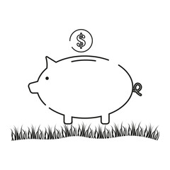 Piggy bank icon. Line art style. Dollar coin detail. Simple savings symbol.