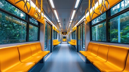 Obraz premium Empty modern train car with yellow seats and large windows.