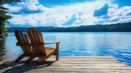 Serene relaxation: Adirondack chairs on a wooden dock overlooking a blue lake